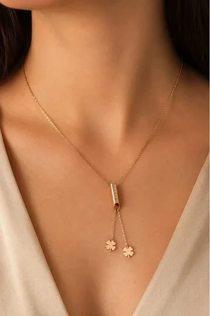 925 Ayar Gümüş Rose Taşlı Sallantılı Yonca Kolye - N106801