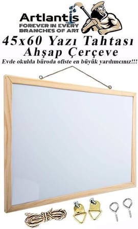 Duvara Monte Beyaz Yazı Tahtası 45x60 cm 1 Adet Laminant Yazı Tahtası Ahşap Çerçeveli Askılı Okul Ofis Büro