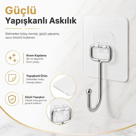 Alper Banyo Yapışkanlı Askılık Krom Kaplama, Delmeden Montajlı Banyo ve Mutfak Askısı, Şeffaf Yapışkan Tabanlı Metal Askı, Havlu Bez Anahtar Askılığı(2 Adet Gönderilmektedir)