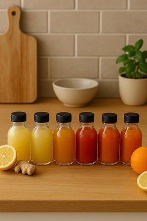 6 Adet 100 ml Kilitli Siyah Kapaklı Şeffaf Detox Shot Şişesi 100 Cc Ginger Şat Beyaz Cam Şişe