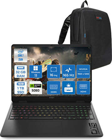 Hp Omen Gaming Laptop Intel Core 7 250H Aı 32GB Ddr5 1tb SSD 8GB/RTX5060 Gddr7 16" 165 Hz, 3 Ms IPS  400 Nits IPS 2k (1920 x 1200 WIN11PRO Gaming BILG.BQ9A8EAP08+ZETTAÇANTA