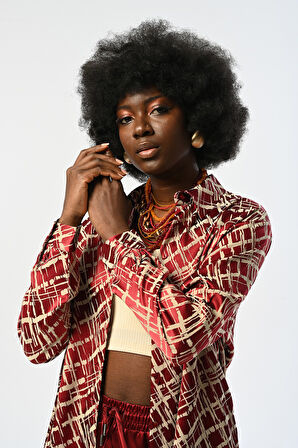 KADIN BORDO RENK DESENLİ OVERSİZE KESİM GÖMLEK