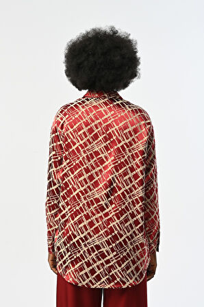 KADIN BORDO RENK DESENLİ OVERSİZE KESİM GÖMLEK