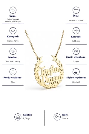 Defne Yapraklı Gümüş Kolye - Altın