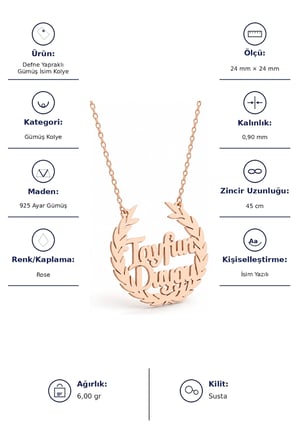 Defne Yapraklı Gümüş İsim Kolye - Rose