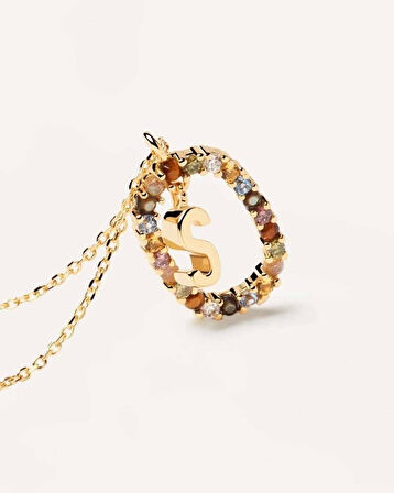 Renkli Taşlı Gümüş Harf Kolye - Altın
