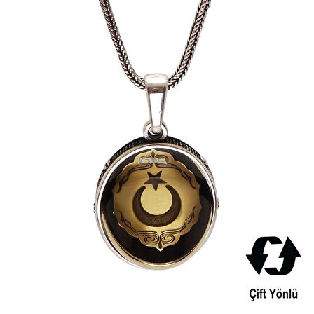 Çift Taraflı Ayyıldız Ve Tuğra Figürlü Gümüş Kehribar Kolye