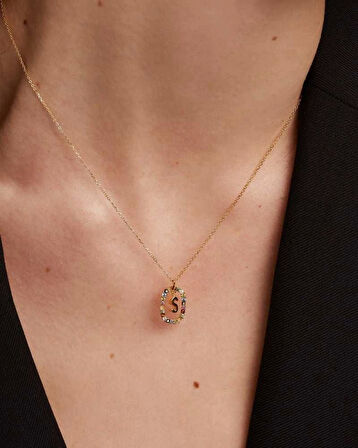 Renkli Taşlı Gümüş Harf Kolye - Rose
