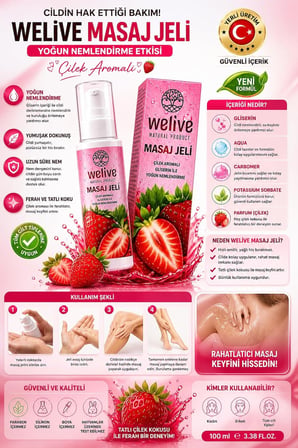 Welive Masaj Jeli, Çilek Aromalı, Gliserin ile Yoğun Nemlendirme, Tüm Cilt Tiplerine Uygun, 100 ml