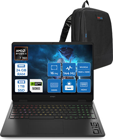 Hp Omen Gaming Laptop Amd Ryzen™ Aı 7 350 24GB Ddr5 1tb SSD 8GB/RTX5060 Gddr7 16" 144 Hz, IPS  300 Nits IPS 2k (1920 x 1200 Freedos Gaming BILG.BL6W4EAF03+ZETTAÇANTA