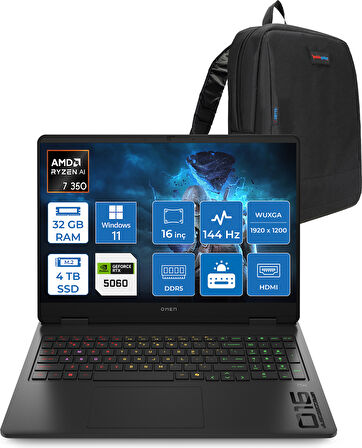 Hp Omen Gaming Laptop Amd Ryzen™ Aı 7 350 32GB Ddr5 4tb SSD 8GB/RTX5060 Gddr7 16" 144 Hz, IPS  300 Nits IPS 2k (1920 x 1200 WIN11PRO Gaming BILG.BL6W4EAP10+ZETTAÇANTA
