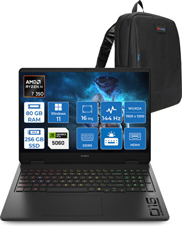 Hp Omen Gaming Laptop Amd Ryzen™ Aı 7 350 80GB Ddr5 256GB SSD 8GB/RTX5060 Gddr7 16" 144 Hz, IPS  300 Nits IPS 2k (1920 x 1200 WIN11PRO Gaming BILG.BL6W4EAP21+ZETTAÇANTA