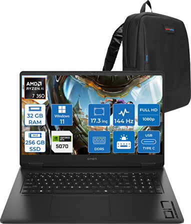 Hp Omen Amd Ryzen™ Aı 7 350 32GB Ddr5 256GB SSD 8GB/RTX5070 Gddr7 17.3 Fhd 144Hz 300NITS IPS 7ms Windows 11 Pro Taşınabilir Bilgisayar.BQ1Q1EAP06+ZETTAÇANTA