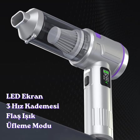 Şarjlı Araç Süpürgesi 22.000 pa - Üfleme Özellikli Mini Oto Süpürgesi 3 Kademeli - 15.000 mAh Şarj Kapasitesi, Çok Fonksiyonlu Süpürge Başlıkları ile Taşınabilir Kablosuz Süpürge