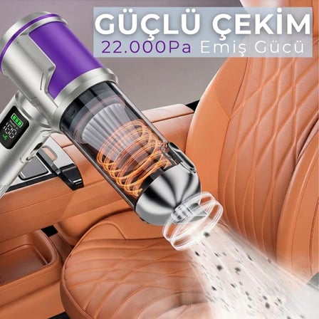 Şarjlı Araç Süpürgesi 22.000 pa - Üfleme Özellikli Mini Oto Süpürgesi 3 Kademeli - 15.000 mAh Şarj Kapasitesi, Çok Fonksiyonlu Süpürge Başlıkları ile Taşınabilir Kablosuz Süpürge