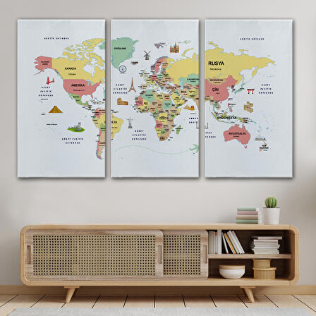 Harita Sepeti Türkçe Dünya Haritası Dekoratif Kanvas Tablo Ülke-Başkentli Öğretici ve Sembollü 2312