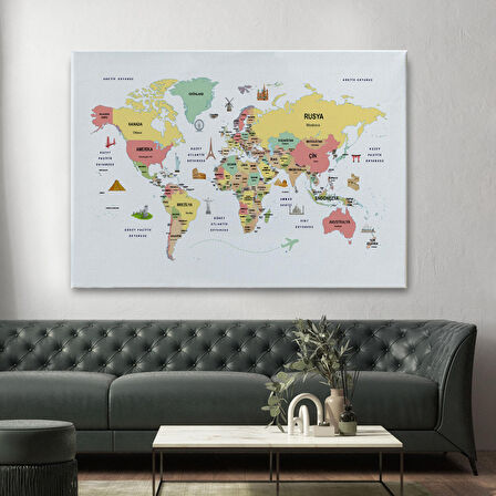 Harita Sepeti Türkçe Dünya Haritası Dekoratif Kanvas Tablo Ülke-Başkentli Öğretici ve Sembollü 2312