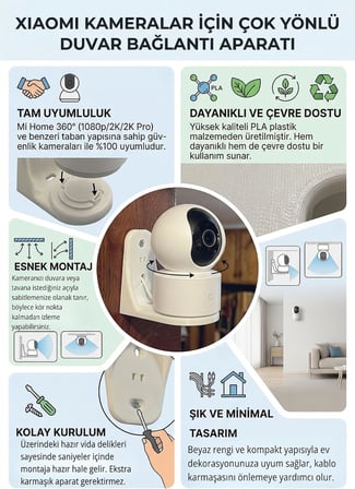Xiaomi Mi Home 360° Kameralar İ̇Le Uyumlu Akilli Kamera Standi, Duvara Asma Aparati, 1080P Wifi Baglanti Aparat, Bebek Kamera Standi, İ̇C Mekan Aparati, Dis Mekan Baglanti Aparat