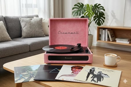 Casablanca Serisi Retro Çanta Pikap – Pembe Süet Kaplama, Dahili Hoparlörlü, 3 Hızlı (33/45/78 RPM), Bluetooth Bağlantılı, Taşınabilir Vintage Plak Çalar