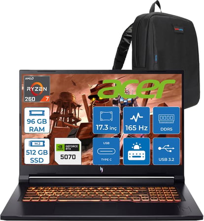 Acer Nitro V17 ANV17 Aı Amd Ryzen™ 7 260 96GB Ddr5 512GB SSD 8GB/RTX5070 85W 17.3"wqxga 2560X1440 165Hz IPS Freedos Gaming Bilgisayar. NHQZKEY001F27+ZETTAÇANTA