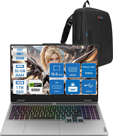 Lenovo Loq Intel Core I7-13700HX 32GB Ddr5 1tb SSD 8GB/RTX5060 100W Gddr7 15.6" Fhd (1920X1080) IPS 300NITS 144Hz Gsynic Freedos Taşınabilir Bilgisayar.83JE00LFTRF08+ZETTAÇANTA