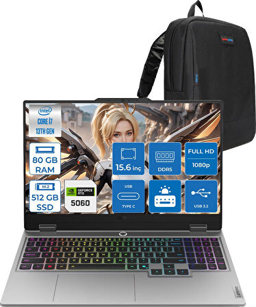 Lenovo Loq Intel Core I7-13700HX 80GB Ddr5 512GB SSD 8GB/RTX5060 100W Gddr7 15.6" Fhd (1920X1080) IPS 300NITS 144Hz Gsynic Freedos Taşınabilir Bilgisayar.83JE00LFTRF22+ZETTAÇANTA