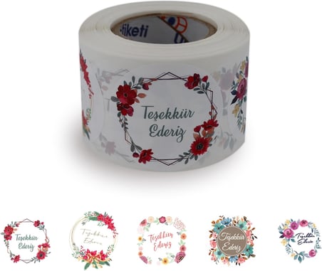 Teşekkür Ederiz Etiketi 5 Farklı Çiçek Deseni 50mm Çap Ruloda 500 Adet Kendinden Yapışkanlı Rulo Etiket, PP Opak E-ticaret