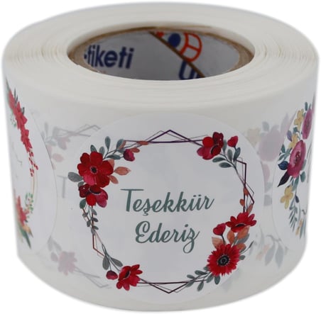 Teşekkür Ederiz Etiketi 5 Farklı Çiçek Deseni 50mm Çap Ruloda 500 Adet Kendinden Yapışkanlı Rulo Etiket, PP Opak E-ticaret