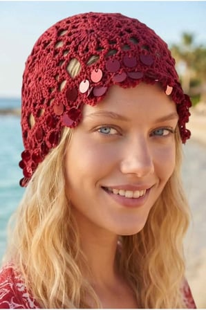 Tezzgelsin Kadın Pul Süslemeli Örgü Bere File Dokulu Bohem Plaj ve Yazlık Bandana