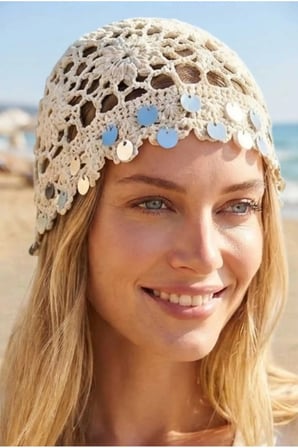 Tezzgelsin Kadın Pul Süslemeli Örgü Bere File Dokulu Bohem Plaj ve Yazlık Bandana