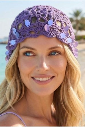 Tezzgelsin Kadın Pul Süslemeli Örgü Bere File Dokulu Bohem Plaj ve Yazlık Bandana