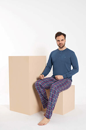 Erkek 3 Düğmeli Ekose Desen Pamuk Likra Mevsimlik Modal Uzun Kol Manşetli Cepli Pijama Takımı
