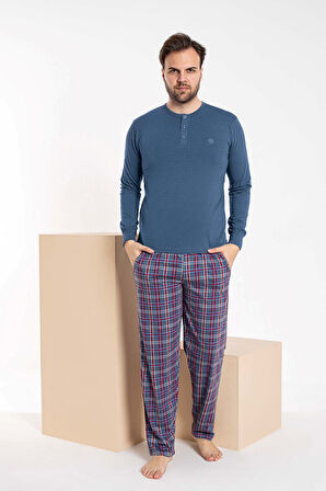 Erkek 3 Düğmeli Ekose Desen Pamuk Likra Mevsimlik Modal Uzun Kol Manşetli Cepli Pijama Takımı