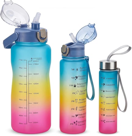 3'lü Motivasyonel Matara Seti, İç İçe Geçebilir Tasarım, 2000ml, 900ml ve 300ml, Gradyan Renk Seçenekleri, Sticker ve Pipet Hediyeli (Gece Yarısı)