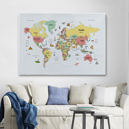 Harita Sepeti Dünya Haritası Dekoratif Kanvas Tablo Ülke ve Başkentli Öğretici ve Sembollü 2313