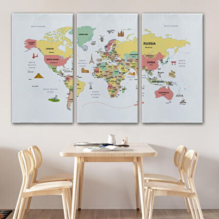 Harita Sepeti Dünya Haritası Dekoratif Kanvas Tablo Ülke ve Başkentli Öğretici ve Sembollü 2313