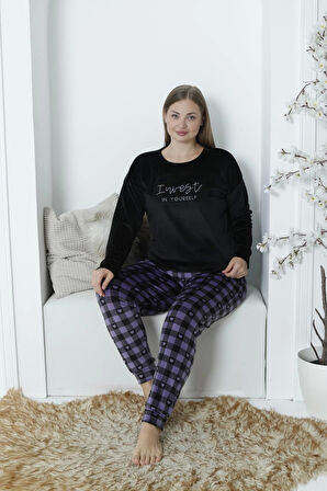 Pijamoni Büyük Beden Kadife Kumaş K. Siyah Pijama Takımı - 4230