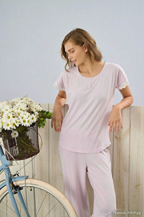 Pijamoni Dublin Kumaş Dantel Detaylı Kısa Kol Lila Pijama Takımı - 5345