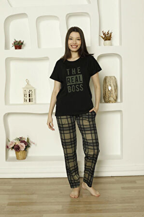 Pijamoni Süprem Kumaş Altı Ekose Desenli Kısa Kollu Kadın Pijama Takımı-6610