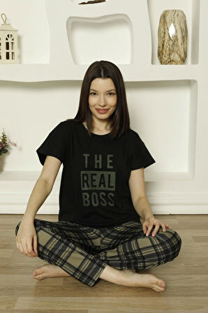 Pijamoni Süprem Kumaş Altı Ekose Desenli Kısa Kollu Kadın Pijama Takımı-6610