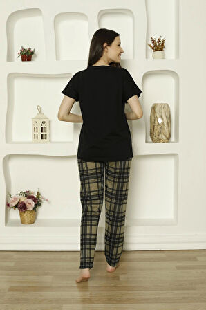 Pijamoni Süprem Kumaş Altı Ekose Desenli Kısa Kollu Kadın Pijama Takımı-6610