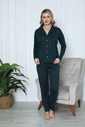 PİJAMONİ Milan Kumaş Önden Düğmeli Uzun Kollu Zümrüt Yeşili Pijama Takımı - 7520