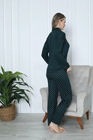 PİJAMONİ Milan Kumaş Önden Düğmeli Uzun Kollu Zümrüt Yeşili Pijama Takımı - 7520