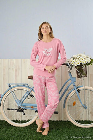 Pijamoni Polyviskon Uzun Kollu Pembe Pijama Takımı - 7300