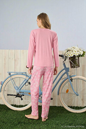 Pijamoni Polyviskon Uzun Kollu Pembe Pijama Takımı - 7300