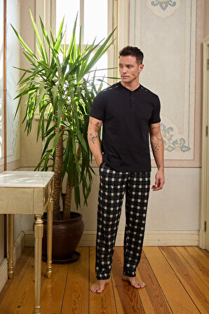 Pijamoni Penye Kumaş Erkek Siyah Pijama Takımı - 6860