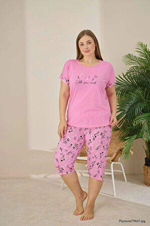 Pijamoni Polyviskon Kumaş Büyük Beden Pembe Pijama Takımı - 7345