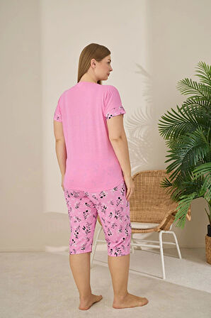 Pijamoni Polyviskon Kumaş Büyük Beden Pembe Pijama Takımı - 7345