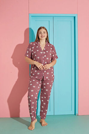 Pijamoni Büyük Beden Milan Kumaş Önü Düğmeli Gül Kurusu Pijama Takımı-7560