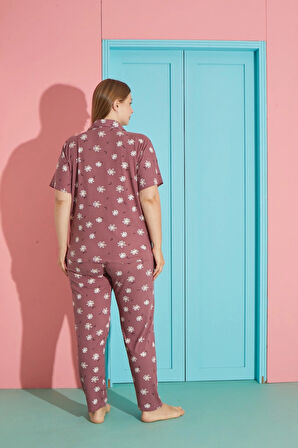 Pijamoni Büyük Beden Milan Kumaş Önü Düğmeli Gül Kurusu Pijama Takımı-7560
